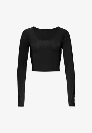 Mustmustelge pikad varrukad crop-top, mis on valmistatud siledast, venivast kangast. Omab ümarat kaelust ja logodefekti vasakul varrukal.