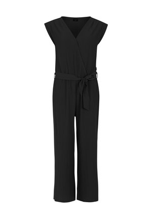 Zwarte, mouwloze jumpsuit met een wikkelontwerp, een ceintuur in de taille, wijde pijpen en een gestructureerde stof. Minimalistische stijl zonder versieringen.