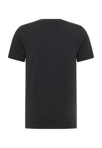 T-shirt noir en coton à manches courtes, design classique à col rond, texture lisse et sans motifs ni accents visibles au dos.