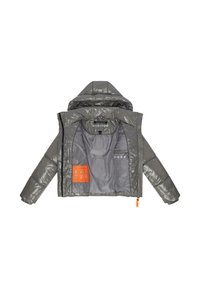 Chaqueta de plumas gris con un exterior brillante, capucha y etiqueta interior naranja. Cuenta con cierre de cremallera y puños acanalados.