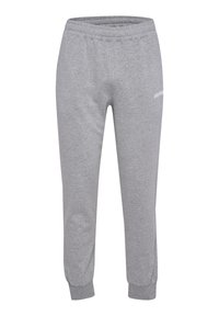 Graue Sweatpants aus weichem Stoff, mit elastischem Bund, schmal zulaufenden Bündchen und einem kleinen aufgedruckten Logo an der Seite.
