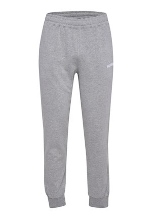 Graue Sweatpants aus weichem Stoff, mit elastischem Bund, schmal zulaufenden Bündchen und einem kleinen aufgedruckten Logo an der Seite.
