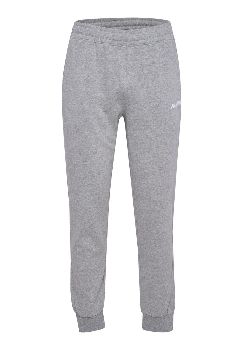 Graue Sweatpants aus weichem Stoff, mit elastischem Bund, schmal zulaufenden Bündchen und einem kleinen aufgedruckten Logo an der Seite.