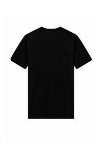 Camiseta de algodón negra con un cuello redondo clásico, mangas cortas y un dobladillo recto. Presenta un diseño minimalista y una textura suave.