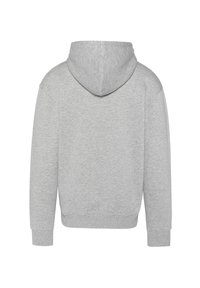Felpa grigia realizzata in morbido tessuto jersey, con cappuccio regolabile, maniche lunghe e polsini e orlo a coste. Nessun logo o grafica visibile.