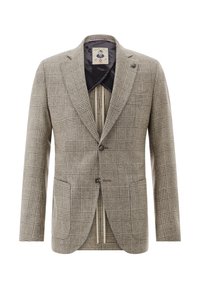 Houndstooth patterned blazer in beige and grey, featuring two front pockets, notched lapels, and a single-button closure. Lined interior.