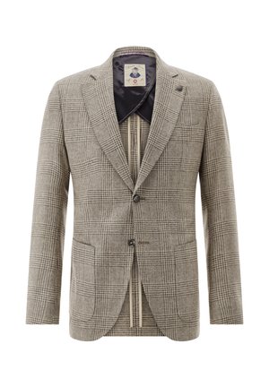 Houndstooth patterned blazer in beige and grey, featuring two front pockets, notched lapels, and a single-button closure. Lined interior.