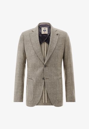 Hahnentritt gemusterter Blazer in Beige und Grau, mit zwei Fronttaschen, gekerbten Revers und Ein-Knopf-Verschluss. Gefüttertes Innenfutter.