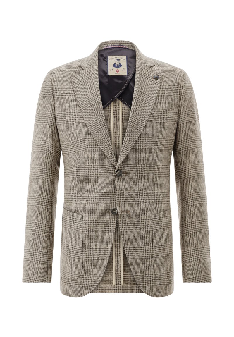 Houndstooth patterned blazer in beige and grey, featuring two front pockets, notched lapels, and a single-button closure. Lined interior.