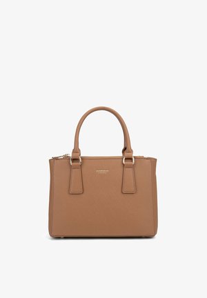 Tan structured handbag made from leather-like material. Features dual top handles, a zip closure, and subtle logo detail on the front.