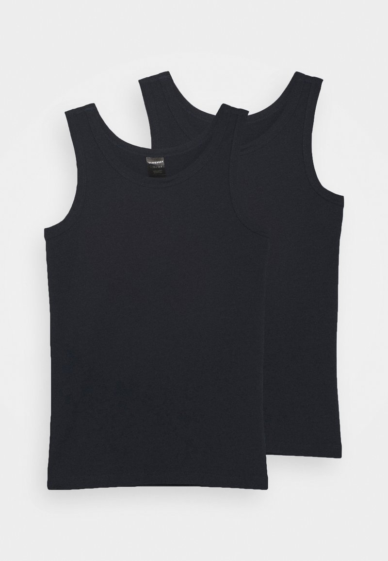 Two black tank tops made from soft cotton. They feature a classic sleeveless design with rounded necklines and straight hems.