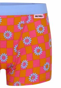 Boxers pour enfants dans un motif à carreaux orange vif et rose, ornés de belles pâquerettes et de visages souriants ; fabriqués en tissu doux.