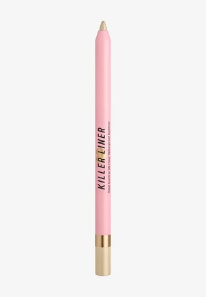 Roze eyelinerpotlood met beige punt en gouden dop, gelabeld "Killer Liner Total Control 36 Hour Waterproof Eyeliner."
