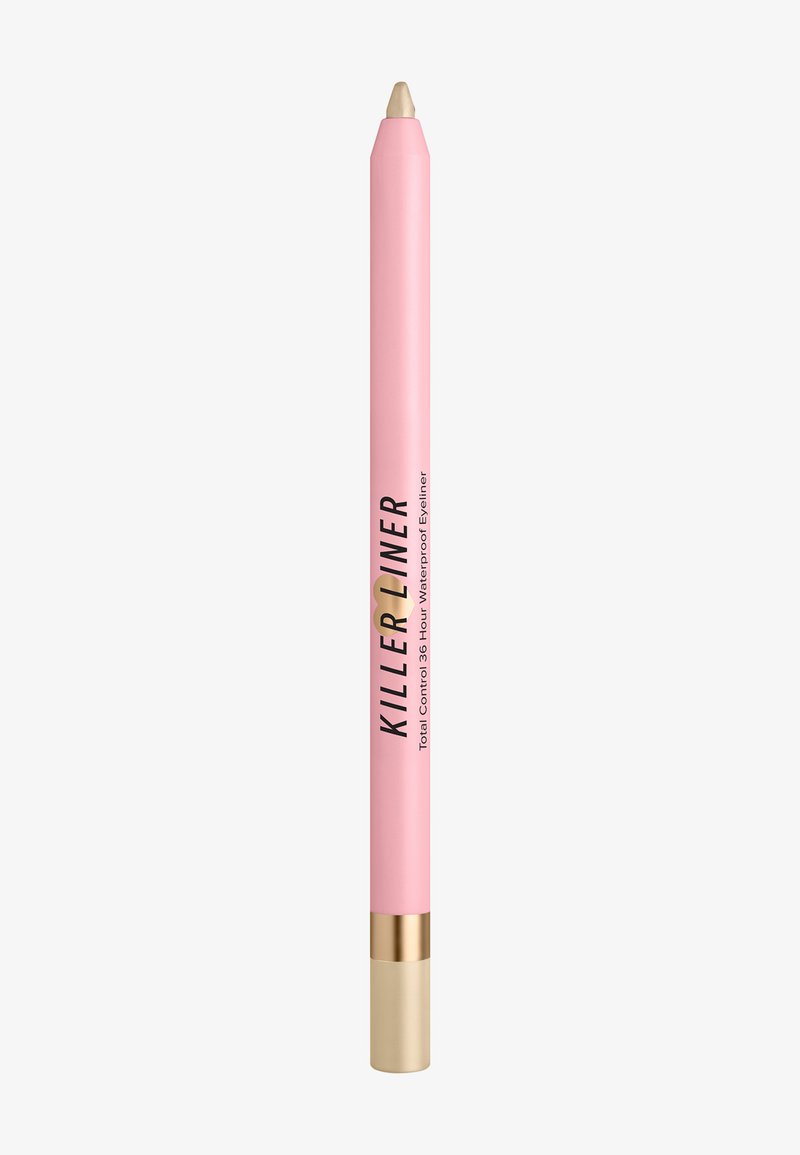 Roze eyelinerpotlood met beige punt en gouden dop, gelabeld "Killer Liner Total Control 36 Hour Waterproof Eyeliner."