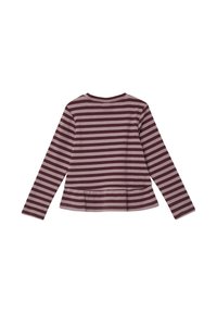 Langarmshirt mit rundem Ausschnitt, das abwechselnd dunkellila und hellrosa horizontale Streifen sowie ein Peplum-Detail am Saum aufweist.