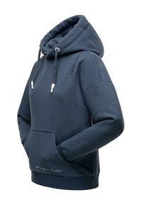 Sudadera azul marino con un ajuste relajado, capucha con cordón, bolsillo frontal y bordado de texto cerca del dobladillo. Tejido suave de mezcla de algodón.