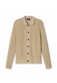 Beige Strickcardigan mit einem geknöpften Kragen, Knopfleiste, gerippter Textur und langen Ärmeln. Mit schwarzen Knöpfen und gerader Passform.