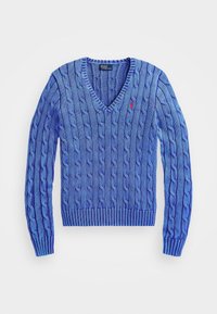 V-ringad kabelstickad tröja i en gradientblå nyans. Har ribbade muddar och nederkant, med en liten logotyp på bröstet. Tillverkad av mjukt material.