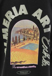 Camiseta negra con un gráfico colorido de una escena junto al lago que incluye una piscina, árboles y colinas. El texto dice "PALMERIA ART CLUB" y "El estudio creativo."