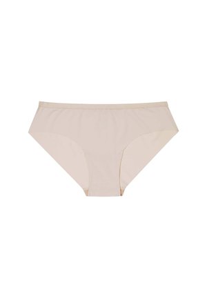 Beige cotton blend bikini briefs with elastic waistband and smooth texture. Features a classic cut and minimal stitching details.