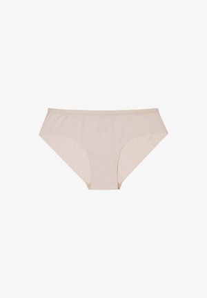 Beige cotton blend bikini briefs with elastic waistband and smooth texture. Features a classic cut and minimal stitching details.