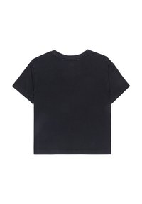 Sort bomulds T-shirt med korte ærmer, rund hals og lige kant. Har en glat tekstur og et enkelt, minimalistisk design.