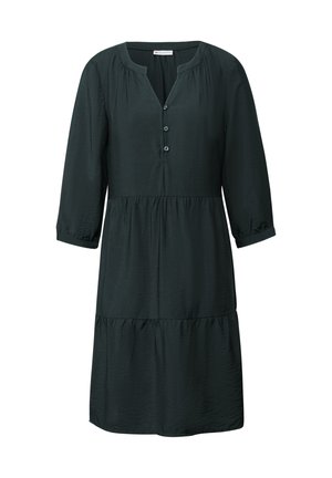 Dark green tiered dress made of lightweight fabric, featuring three-quarter sleeves, a V-neckline, and button detailing at the front.