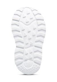 La suola delle sneakers bianche presenta un grip testurizzato con motivi triangolari e rettangolari, bordi arrotondati e il numero inciso "19".