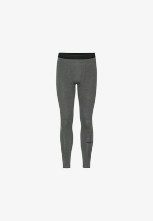 Gray leggings made of a textured, stretch fabric. Features an elastic waistband and a small logo accent. Fitted design.