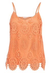 Débardeur en dentelle orange avec motif floral, doté d'un ourlet festonné et de bretelles spaghetti ajustables. Tissu léger et texturé.