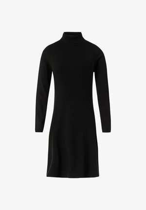 Zwart gebreid jurk met een col, lange mouwen, ribbeltextuur en een uitlopende zoom. Heeft een aansluitend lijfje en rechte silhouet.