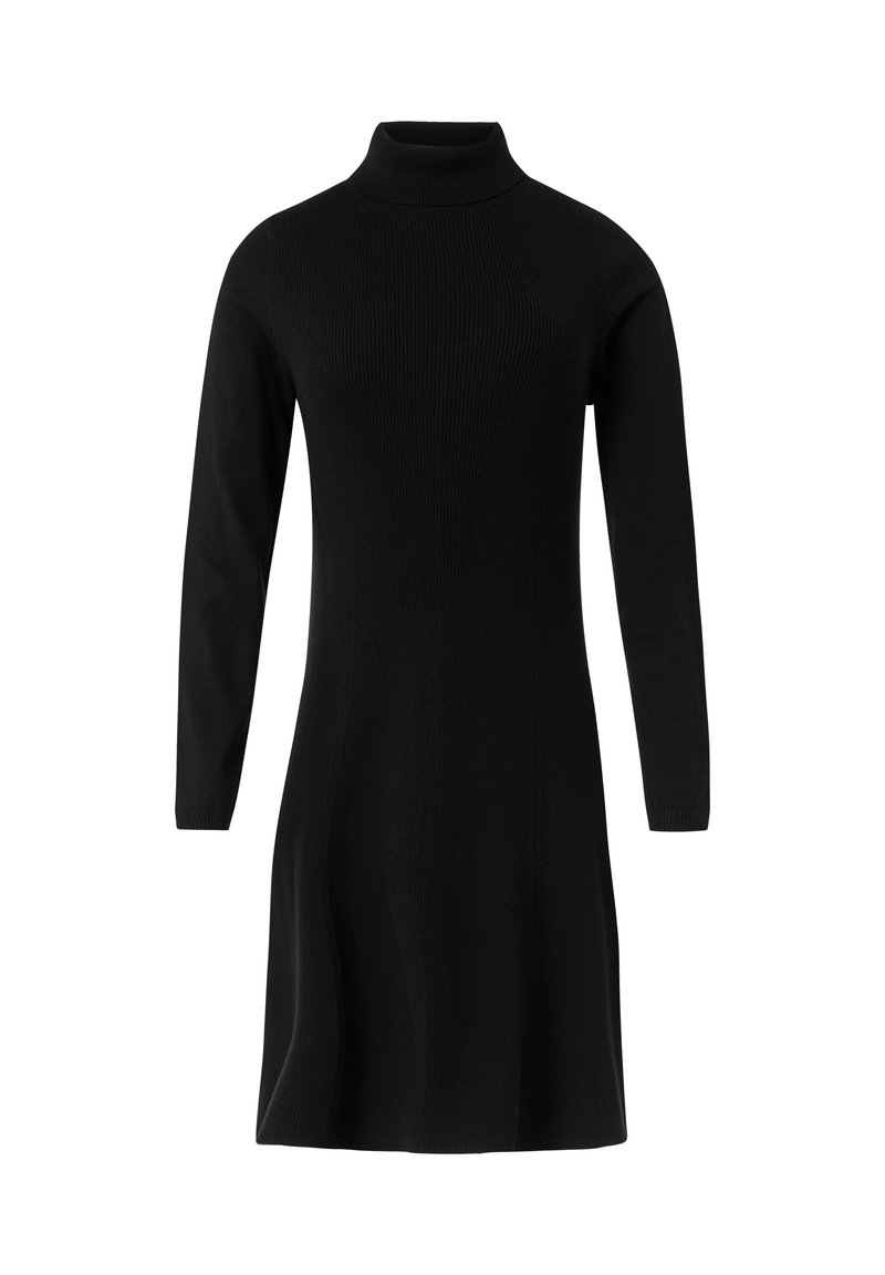 Schwarzes Strickkleid mit Rollkragen, langen Ärmeln, gerippter Textur und ausgestelltem Saum. Das Kleid hat einen taillierten Oberteil und eine gerade Silhouette.