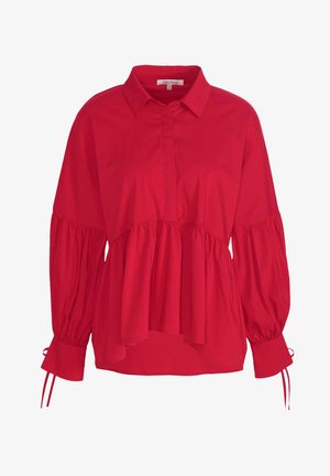 Rote Baumwollbluse mit Kragen, Puffärmeln und gerafften Details an der Taille. Mit Bindebändern an den Manschetten.