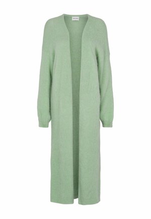 Cardigan long et doux vert menthe à ouverture devant, manches longues et poignets côtelés, fabriqué en tissu tricoté duveteux.