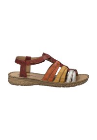 Strappy sandal made of multicolored leather in red, orange, yellow, and silver. Features a cushioned footbed and textured rubber outsole.