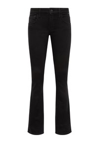 Mustat levenevät farkut, valmistettu denimistä. Ominaisuuksiin kuuluu vyölenkit, etupainonappi, viisi taskua ja hienovaraiset ompeluyksityiskohdat.