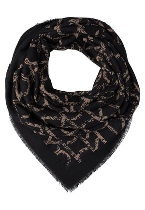 Black triangular scarf with irregular beige letter pattern and frayed edges, loosely folded in a loop.
