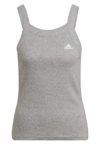 Débardeur de sport gris en tissu côtelé, avec un col rond et des bretelles étroites. Petit logo Adidas blanc sur le côté gauche de la poitrine.