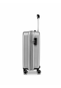 Valigia rigida argento con superficie texture, manico estensibile, lucchetto integrato e quattro ruote girevoli a doppia rotazione per una mobilità facile.