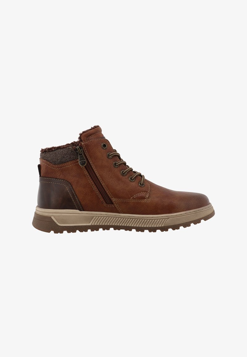 Bottine marron à lacets avec fermeture éclair latérale, patte de talon marron foncé, doublure en fourrure et semelle en caoutchouc pour un usage décontracté.