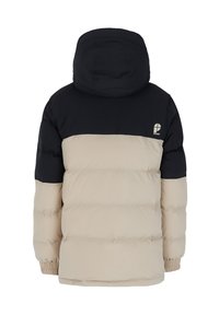 Giacca invernale con sezione superiore blu navale e parte inferiore beige. Presenta un cappuccio, materiale testurizzato e polsini elasticizzati. Logo del marchio sul retro, in alto a sinistra.