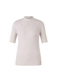 Ribbet kortærmet t-shirt med en mock hals, der har tynde horisontale striber i creme og maroon farver. Blødt, tætsiddende design.
