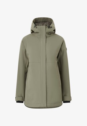Olivengrøn vandtæt jakke med hætte, frontlynlås dækket af flap, to sidelommer og justerbare manchetter.