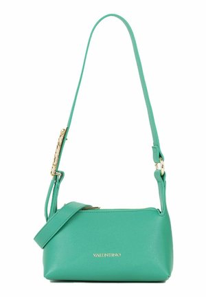 Petit sac à épaule turquoise en cuir Valentino avec logo doré et bandoulière réglable.
