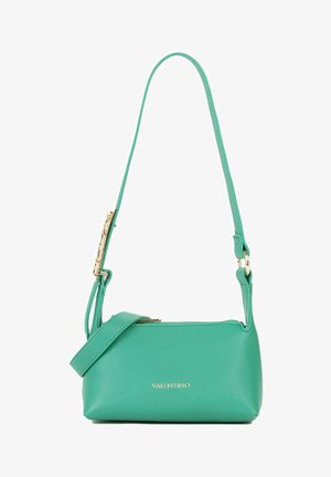 Petit sac à épaule turquoise en cuir Valentino avec logo doré et bandoulière réglable.