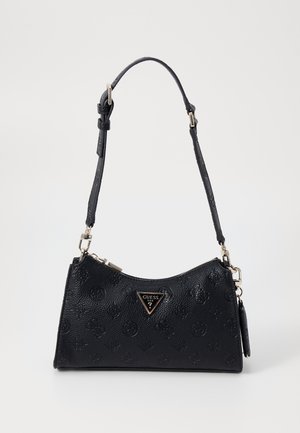 Borsa nera con texture, dal design curvato, con logo triangolare dorato, tracolla regolabile e chiusura a zip. Motivo decorativo in rilievo.