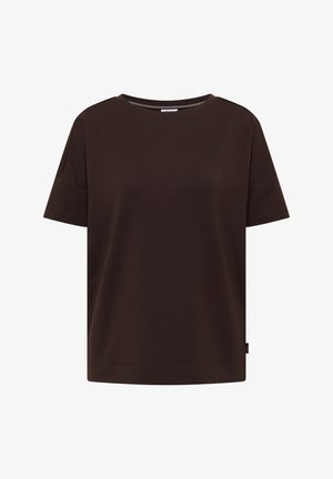 T-shirt à manches courtes couleur marron foncé, col rond, coupe décontractée avec des coutures discrètes aux manches et à l'ourlet.