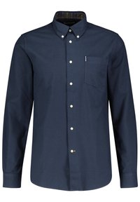 Donkerblauw overhemd met lange mouwen, gemaakt van katoen, met een button-down kraag, borstzak en witte knopen. De binnenkant heeft een geruit patroon.