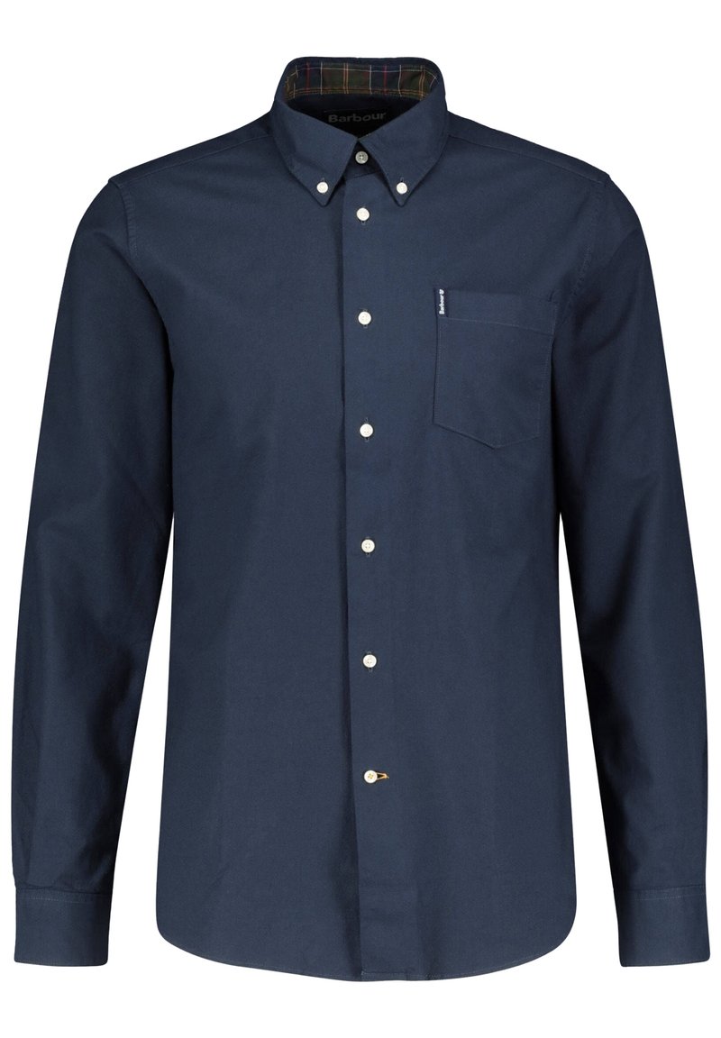 Donkerblauw overhemd met lange mouwen, gemaakt van katoen, met een button-down kraag, borstzak en witte knopen. De binnenkant heeft een geruit patroon.