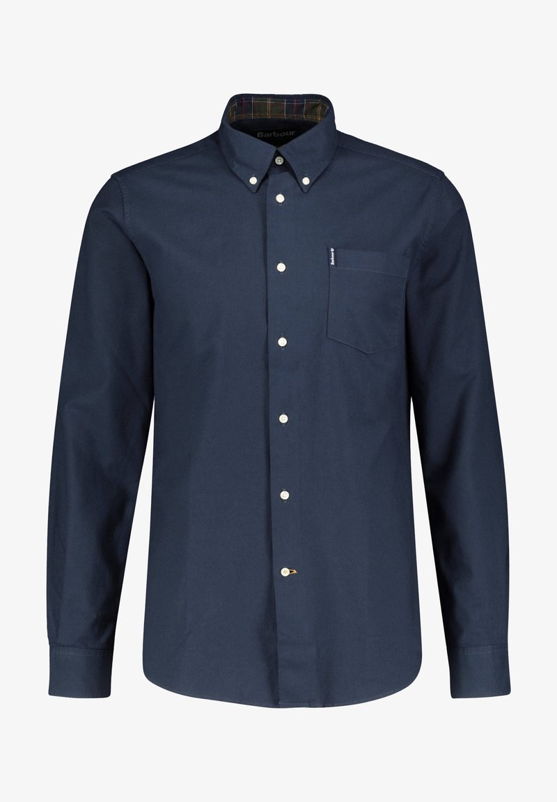 Donkerblauw overhemd met lange mouwen, gemaakt van katoen, met een button-down kraag, borstzak en witte knopen. De binnenkant heeft een geruit patroon.